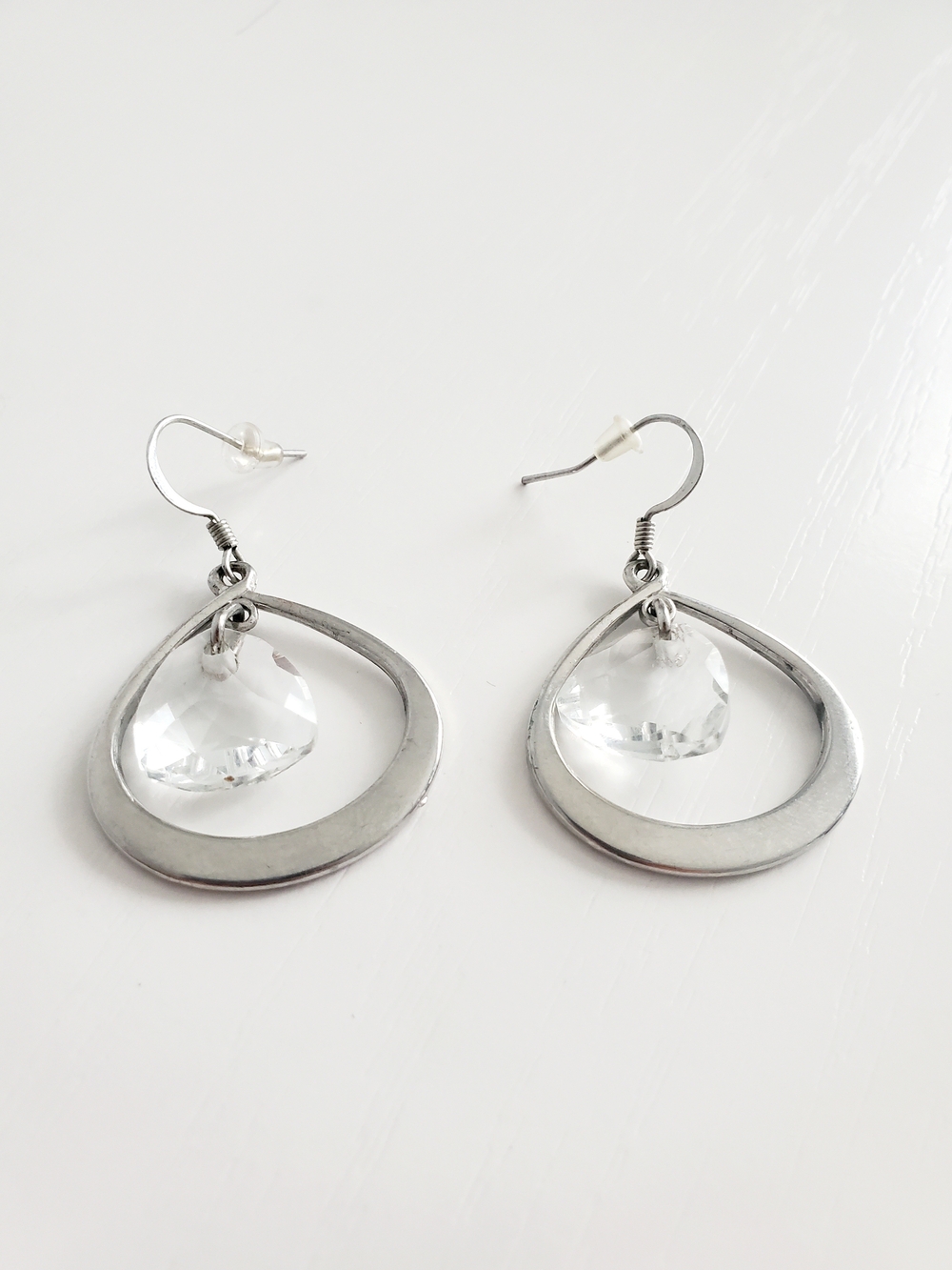 Silver Teardrop Crystal Dangle Earrings - Clear